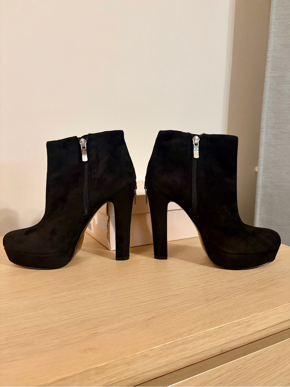 BCBGeneration Black Suede Platform Ankle Booties with Zipper Detail